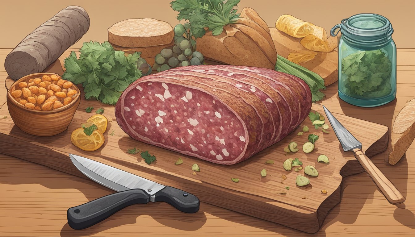 A piece of moldy salami sits on a cutting board, surrounded by other food items. A question mark hovers over it