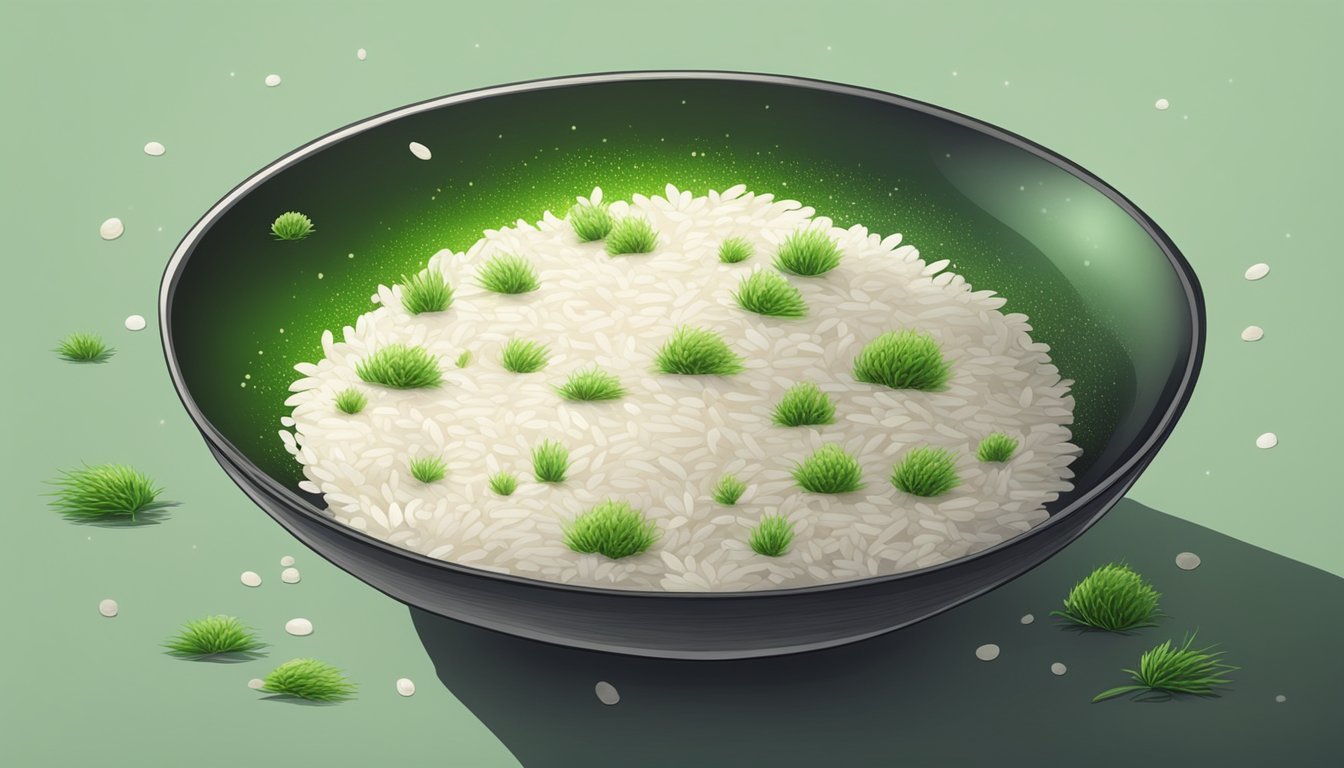 A bowl of moldy rice with visible green and black spots. Mold spores floating in the air around the rice