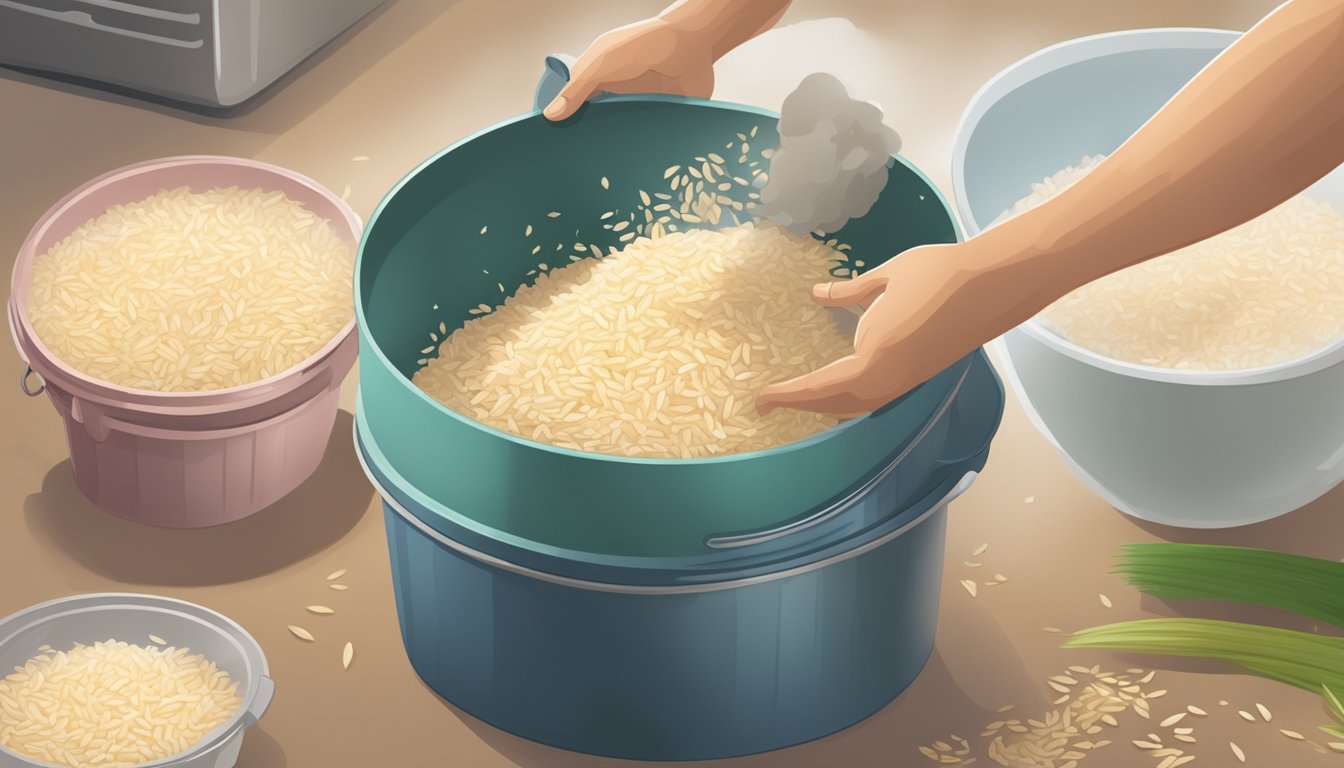 A person throwing away moldy rice from a container, while a clean pot and fresh rice sit nearby