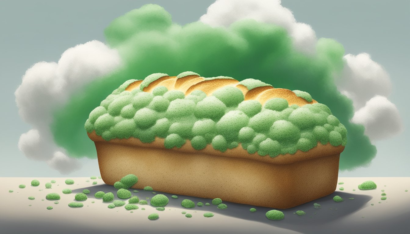 A loaf of bread covered in green and white mold, with a cloud of spores floating above it