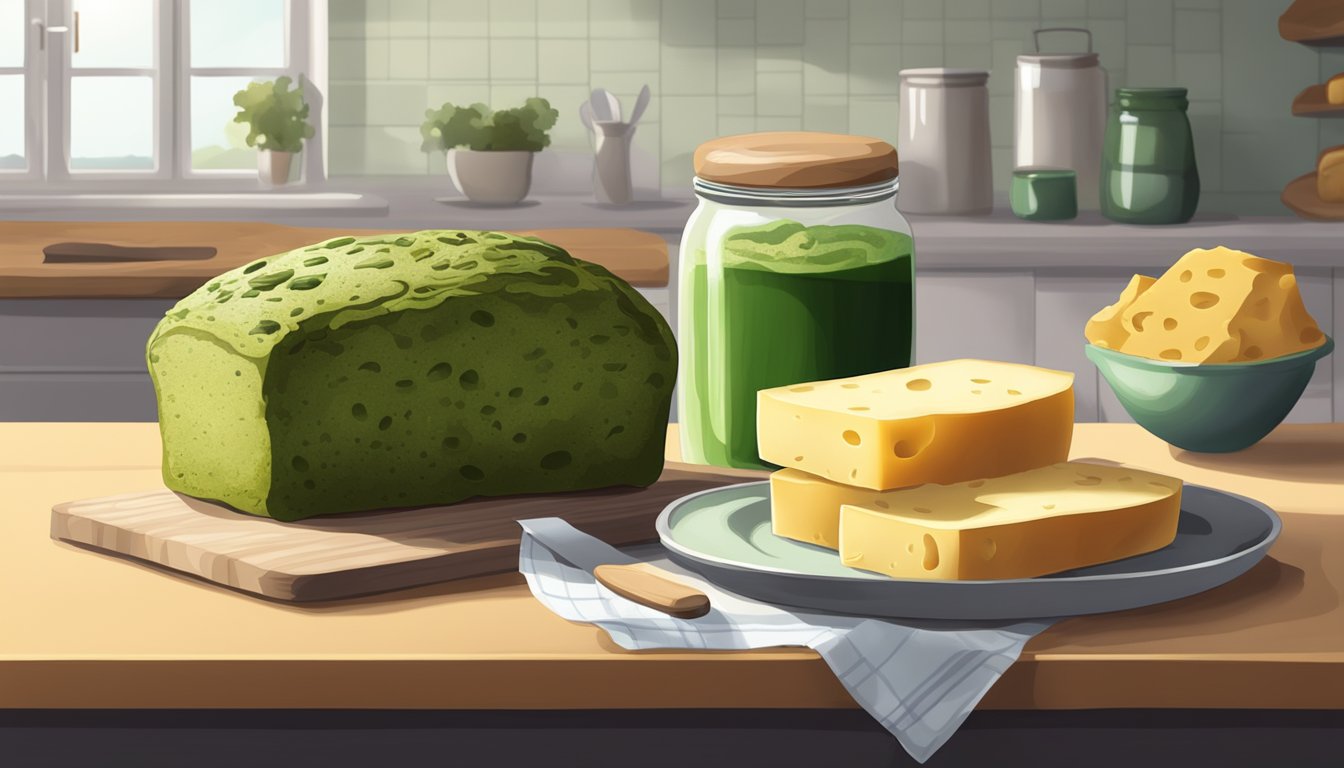 A loaf of bread covered in green mold, a jar of spoiled yeast, and a rotten piece of cheese on a kitchen counter