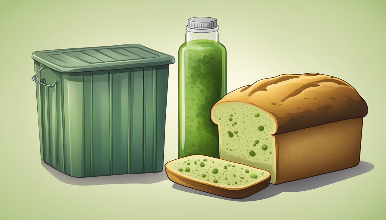 A loaf of bread covered in green mold next to a container of yeast