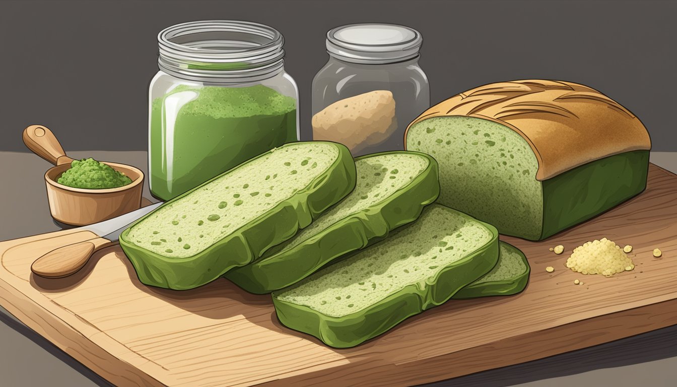 A loaf of bread covered in green mold, sitting on a wooden cutting board next to a jar of yeast