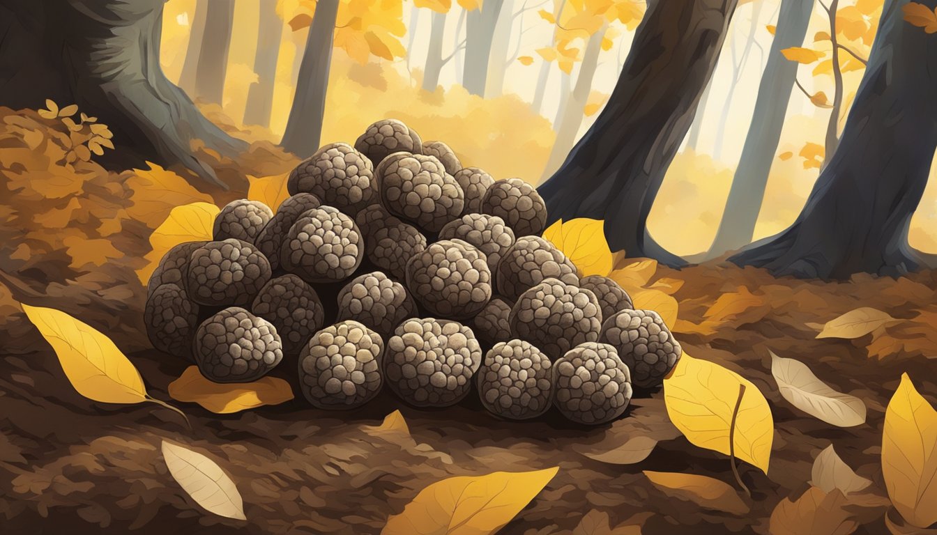 A small cluster of summer truffles nestled among the roots of a tree, surrounded by fallen leaves and dappled sunlight filtering through the forest canopy