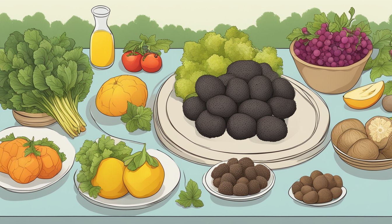 A table displaying the nutritional profile of summer truffles, surrounded by various fruits and vegetables