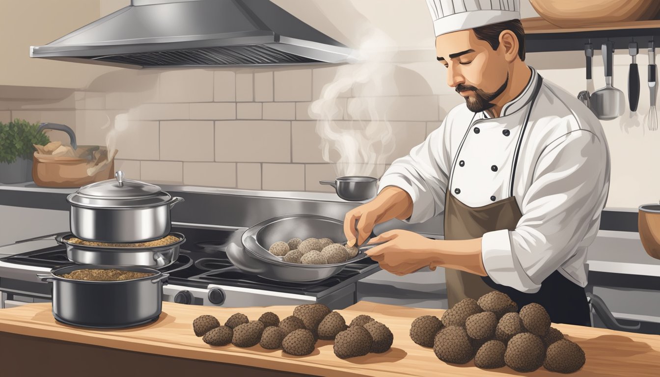 A chef delicately slices open a summer truffle, releasing its earthy aroma into the air, as a pot of simmering cream sauce awaits on the stove