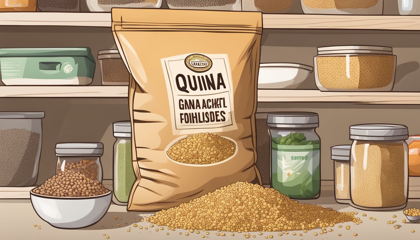 A bag of quinoa sits on a shelf, surrounded by various food items. A few grains of quinoa are covered in mold, while others appear fresh and untouched