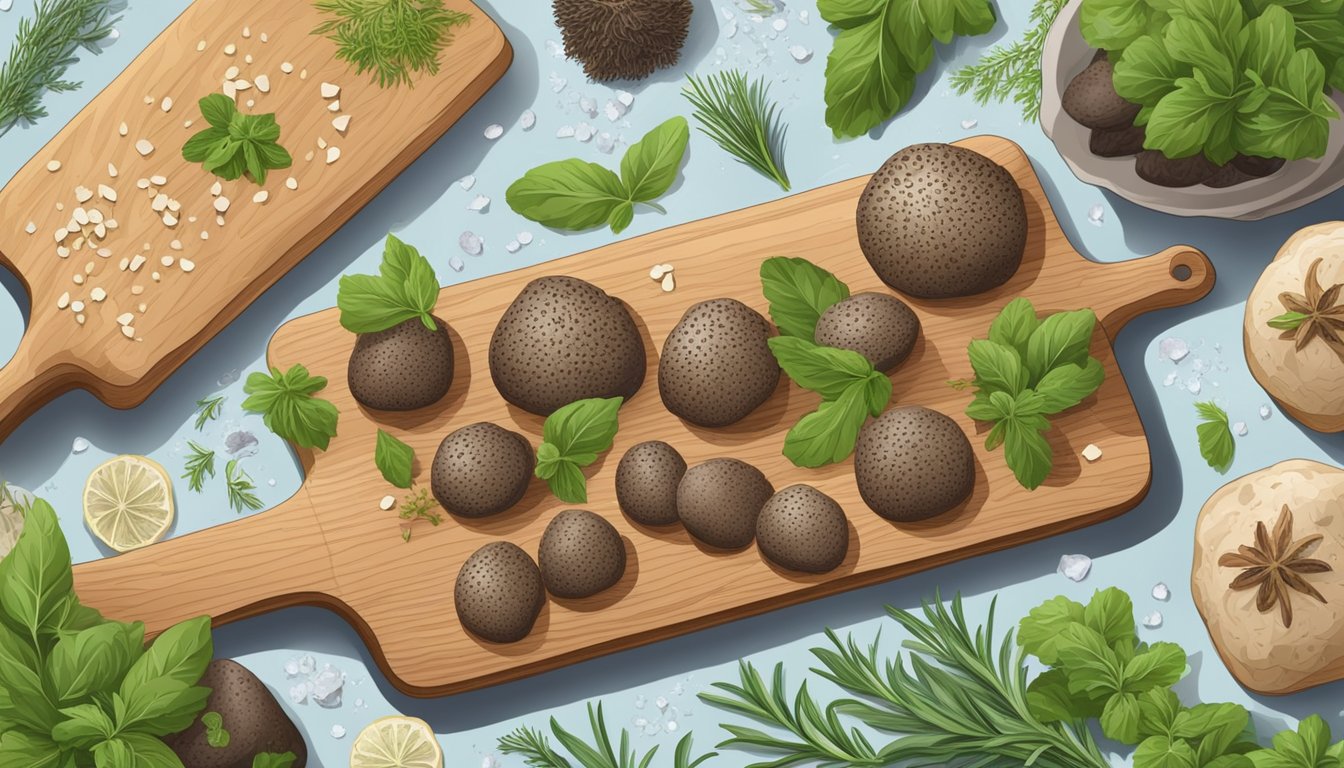 A wooden cutting board with sliced summer truffles arranged in a decorative pattern, surrounded by fresh herbs and a sprinkle of sea salt