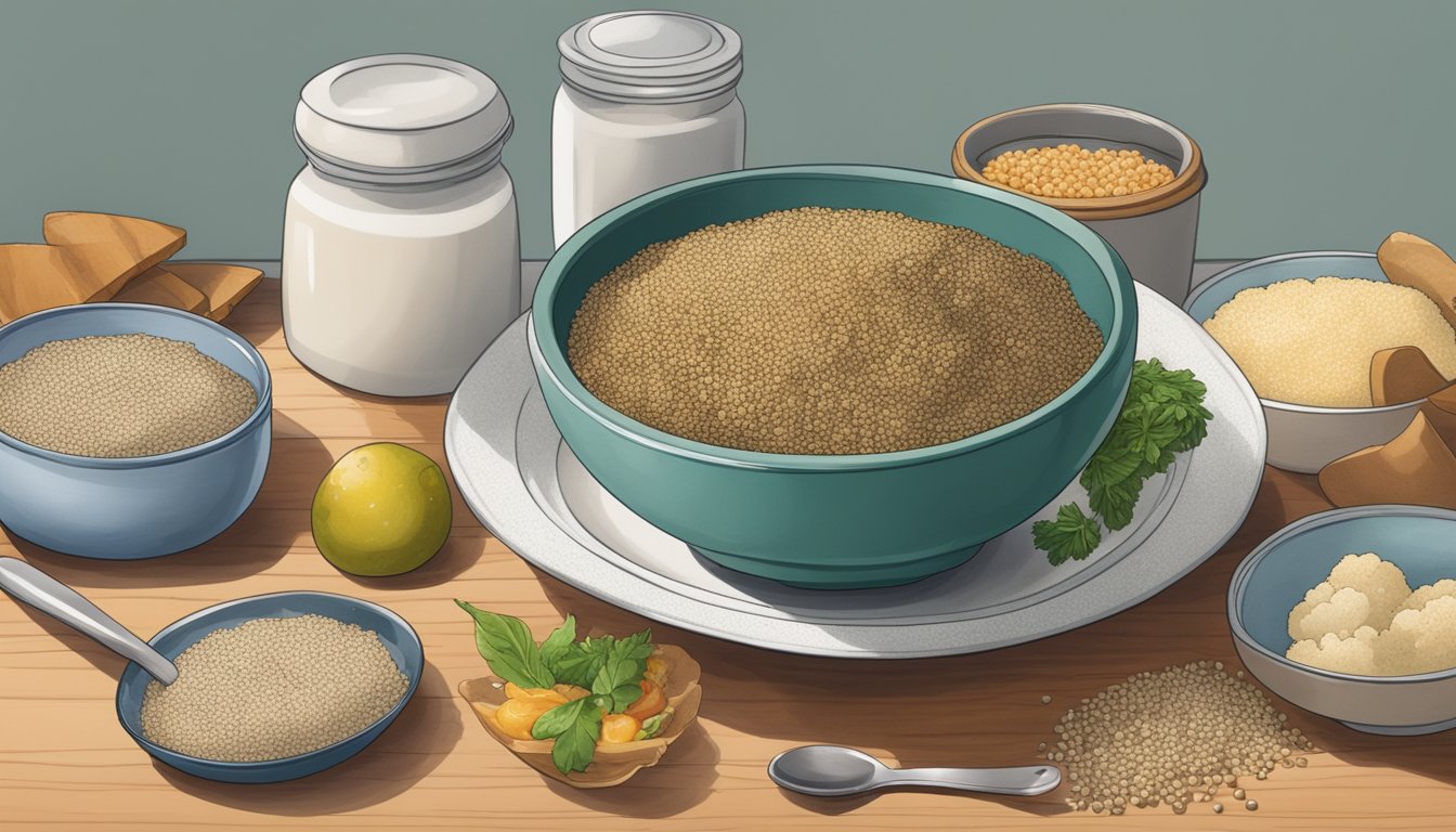 A bowl of moldy quinoa sits on a kitchen counter, surrounded by other food items