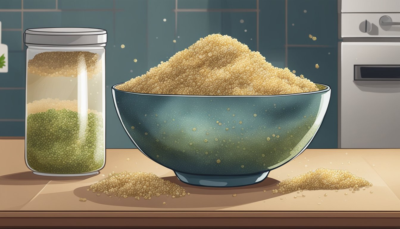 A bowl of moldy quinoa sitting on a kitchen counter