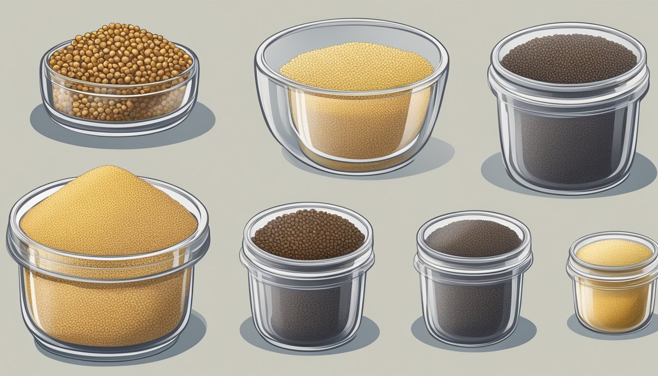 A variety of grains in different storage containers, with one container of moldy quinoa isolated from the rest