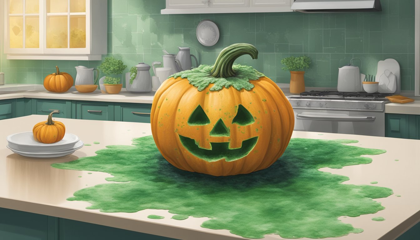 A moldy pumpkin sits on a kitchen counter, surrounded by fuzzy green and white mold spots. A question mark hovers above it