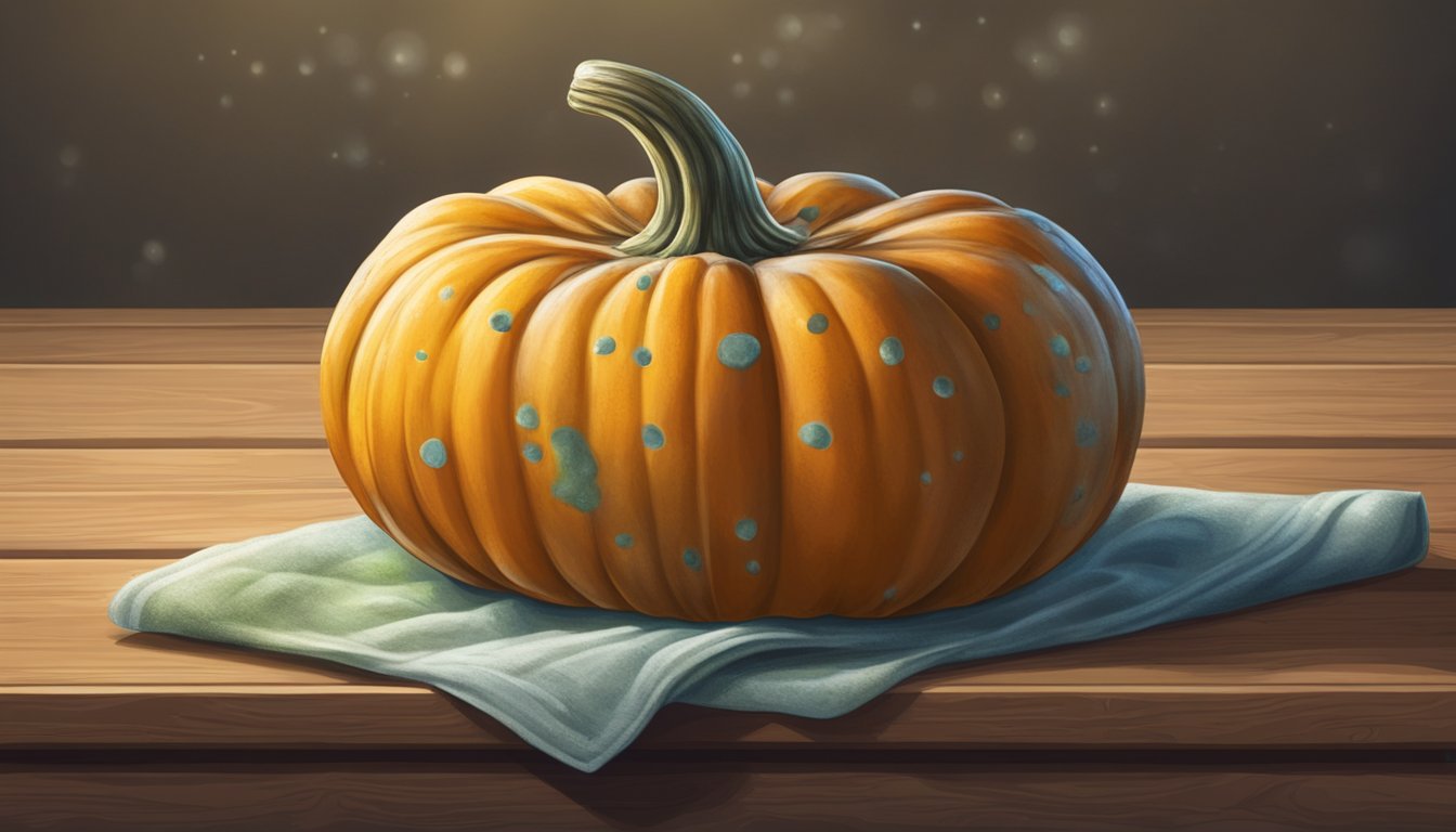 A pumpkin sitting on a wooden surface with small spots of mold forming on its surface. A spray bottle and a cloth nearby for cleaning