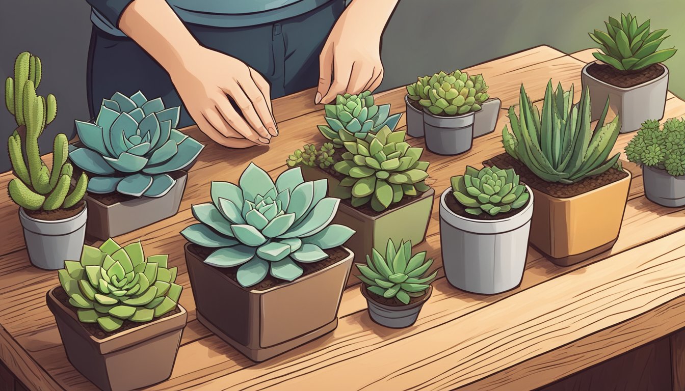 A variety of succulents arranged on a wooden table, with a nutritionist's profile and a safety symbol in the background