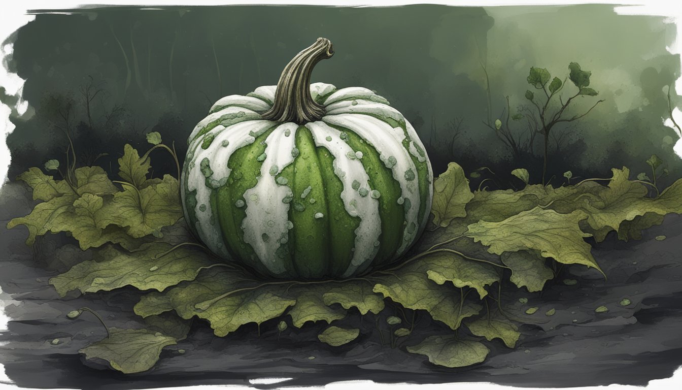 A rotting pumpkin covered in green and white mold sits on a damp, dark surface