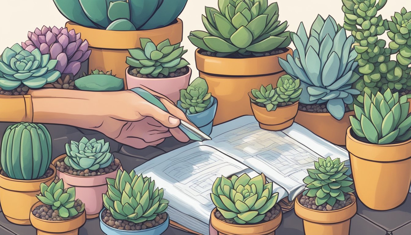 A person wearing gardening gloves carefully examines a variety of succulents, reading a safety guidebook