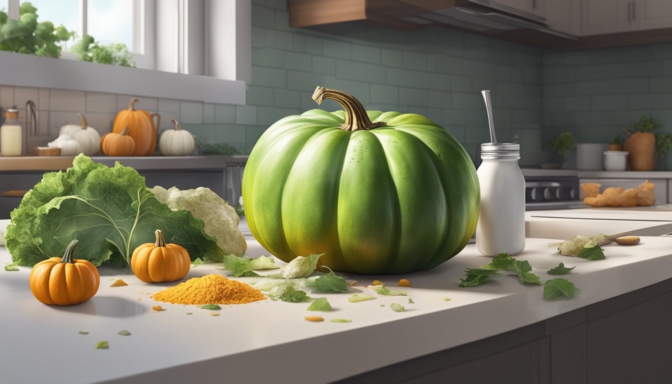 A pumpkin covered in green and white mold sits on a countertop next to a pile of discarded food scraps