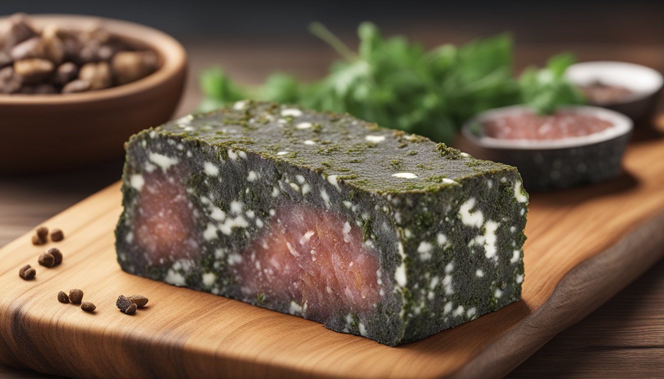 A piece of biltong covered in green and white mold, sitting on a wooden cutting board