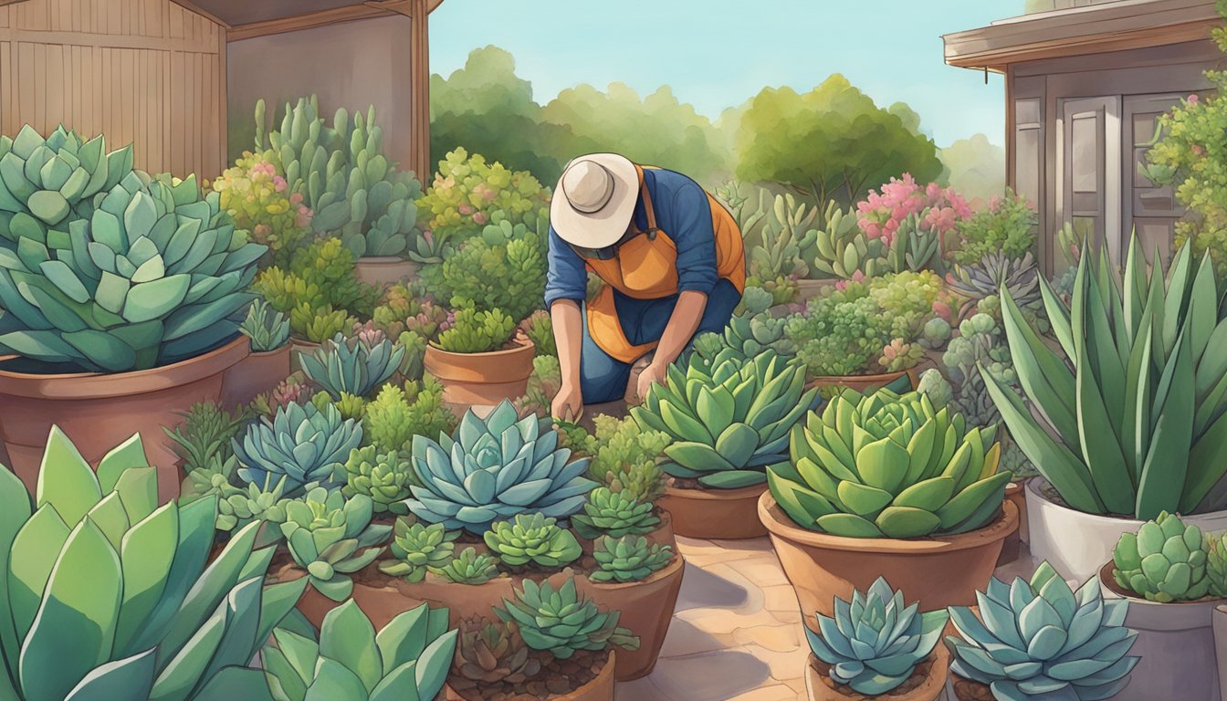 A person tending to a garden, harvesting succulents