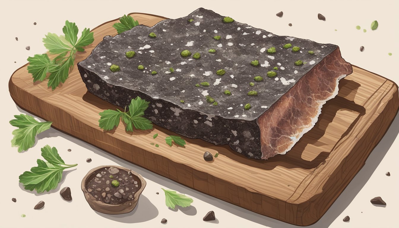 A piece of mouldy biltong lying on a wooden cutting board, surrounded by small patches of green and white mould