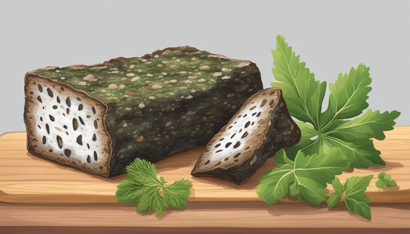 A piece of biltong covered in green and white mold, sitting on a wooden cutting board