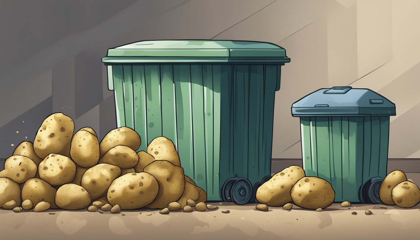 A pile of moldy potatoes next to a trash can, with a warning sign