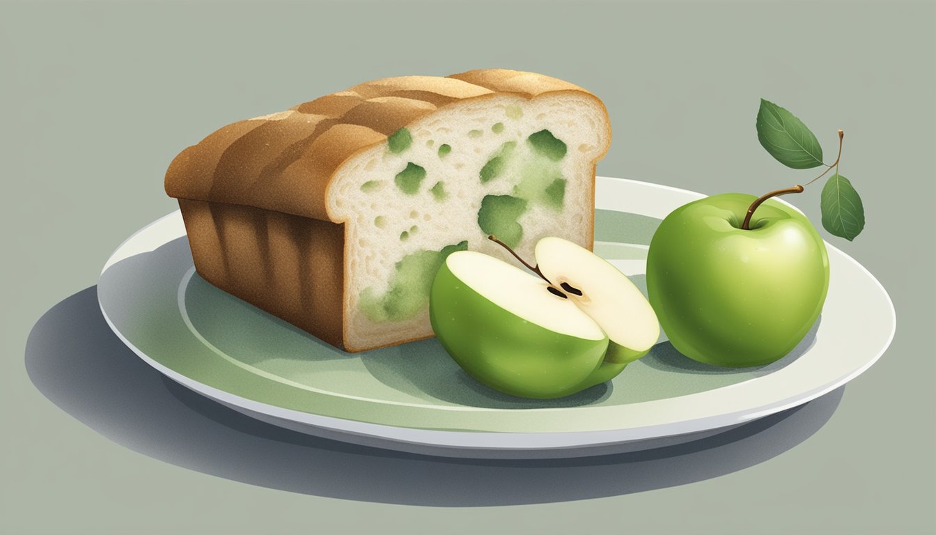 A piece of bread covered in green and white mold, sitting on a plate next to a half-eaten apple