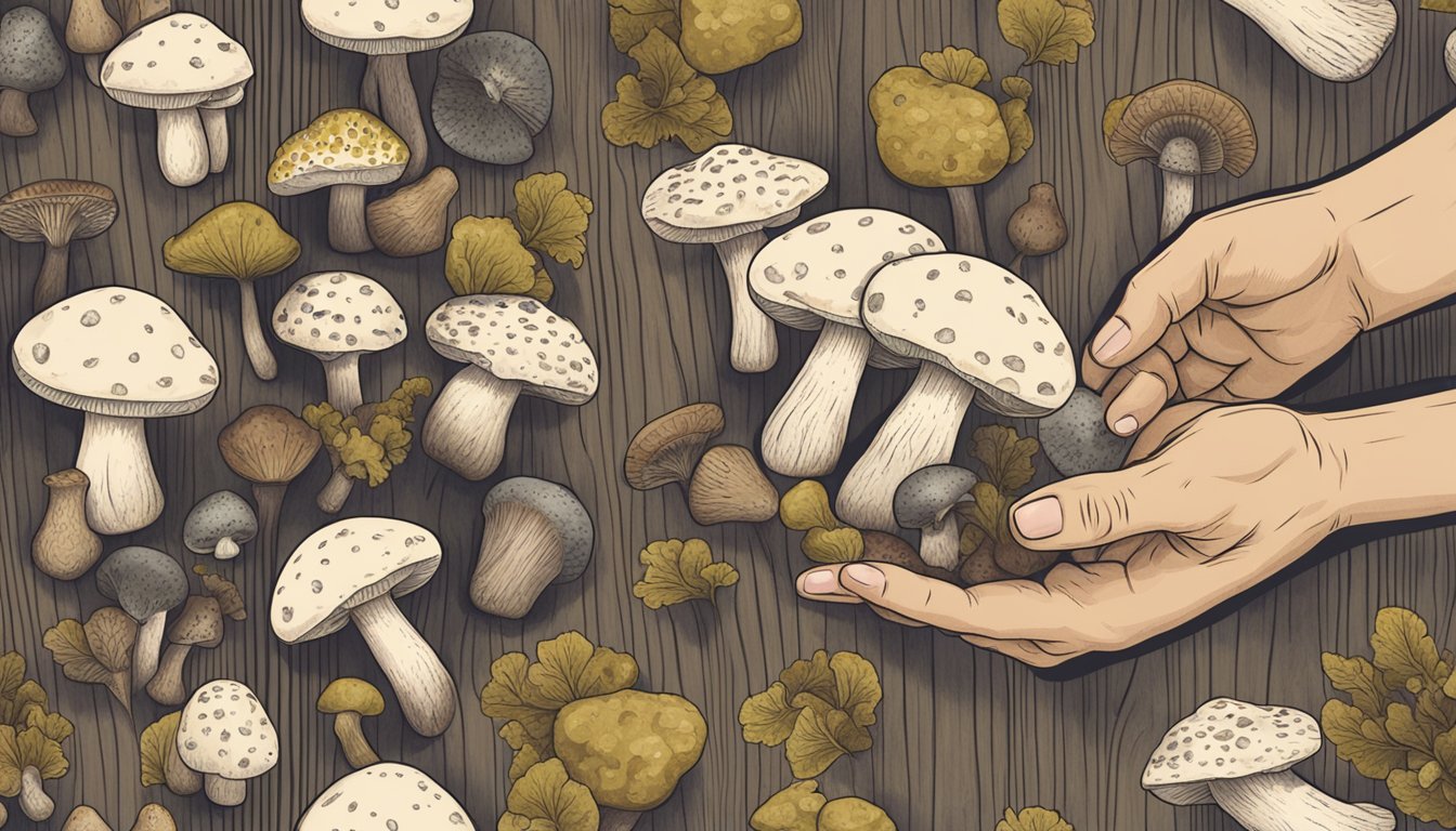 An illustration of a hand holding a mouldy mushroom while another hand gestures caution, with various mushrooms spread out on a wooden surface for assessment