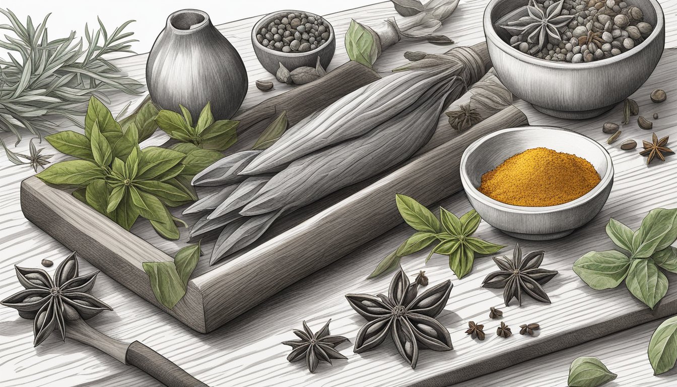 A star anise pod sits on a wooden cutting board surrounded by assorted herbs and spices. A mortar and pestle sits nearby, ready for use