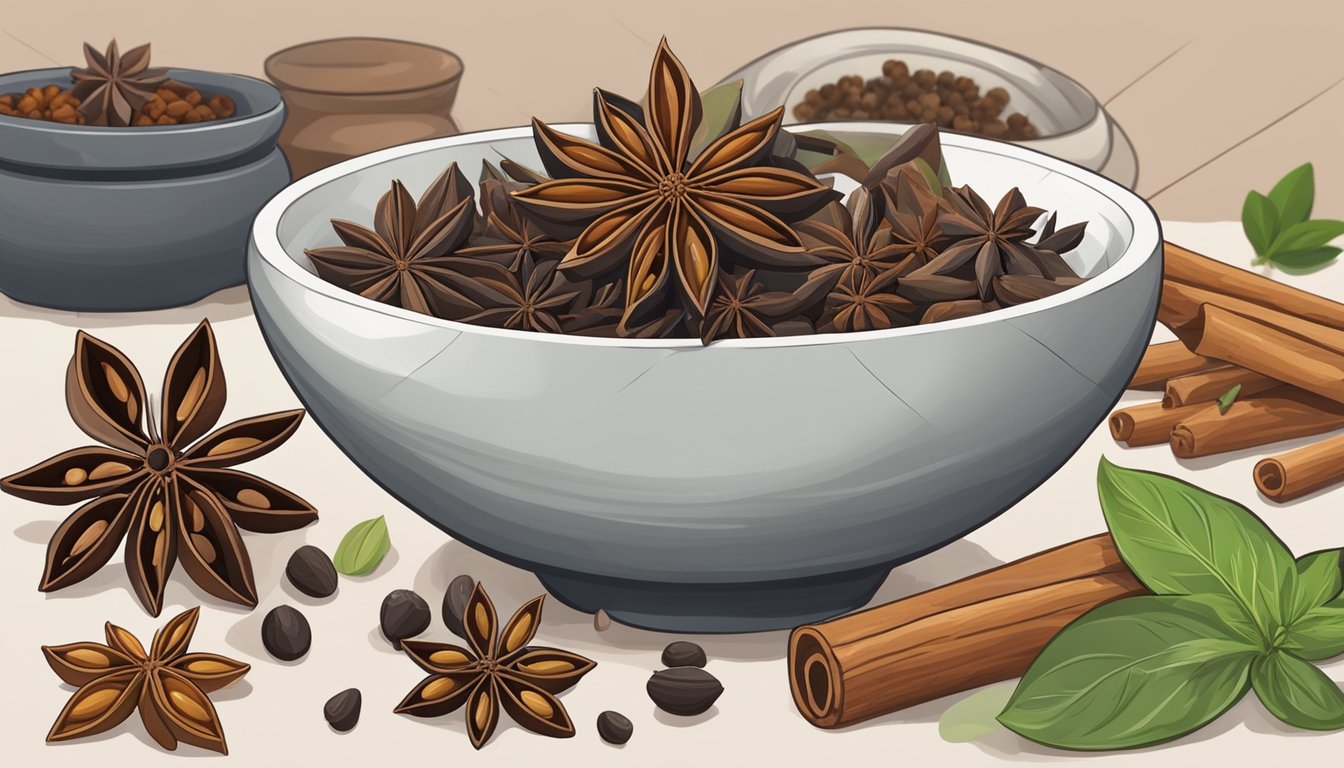 A bowl of star anise surrounded by various herbs and spices, with a mortar and pestle nearby for grinding