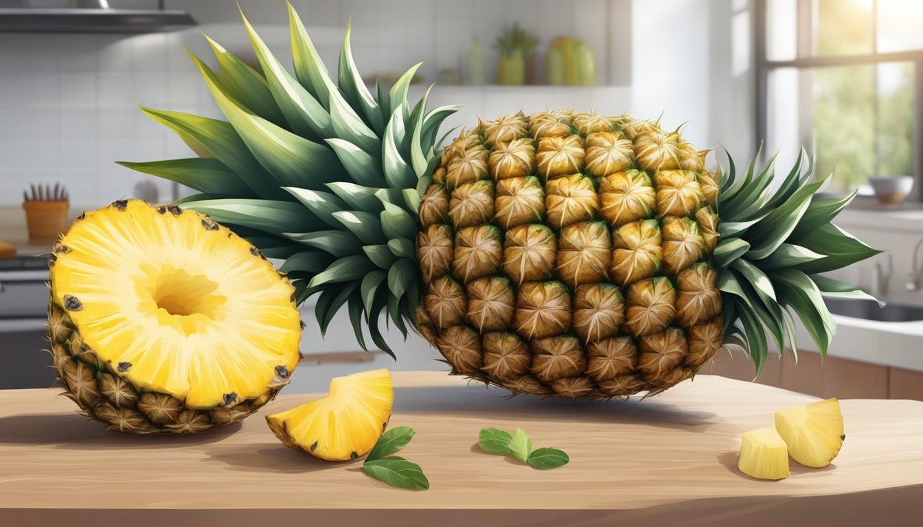 A ripe pineapple with visible mold spots on the skin, surrounded by other fruits on a kitchen counter