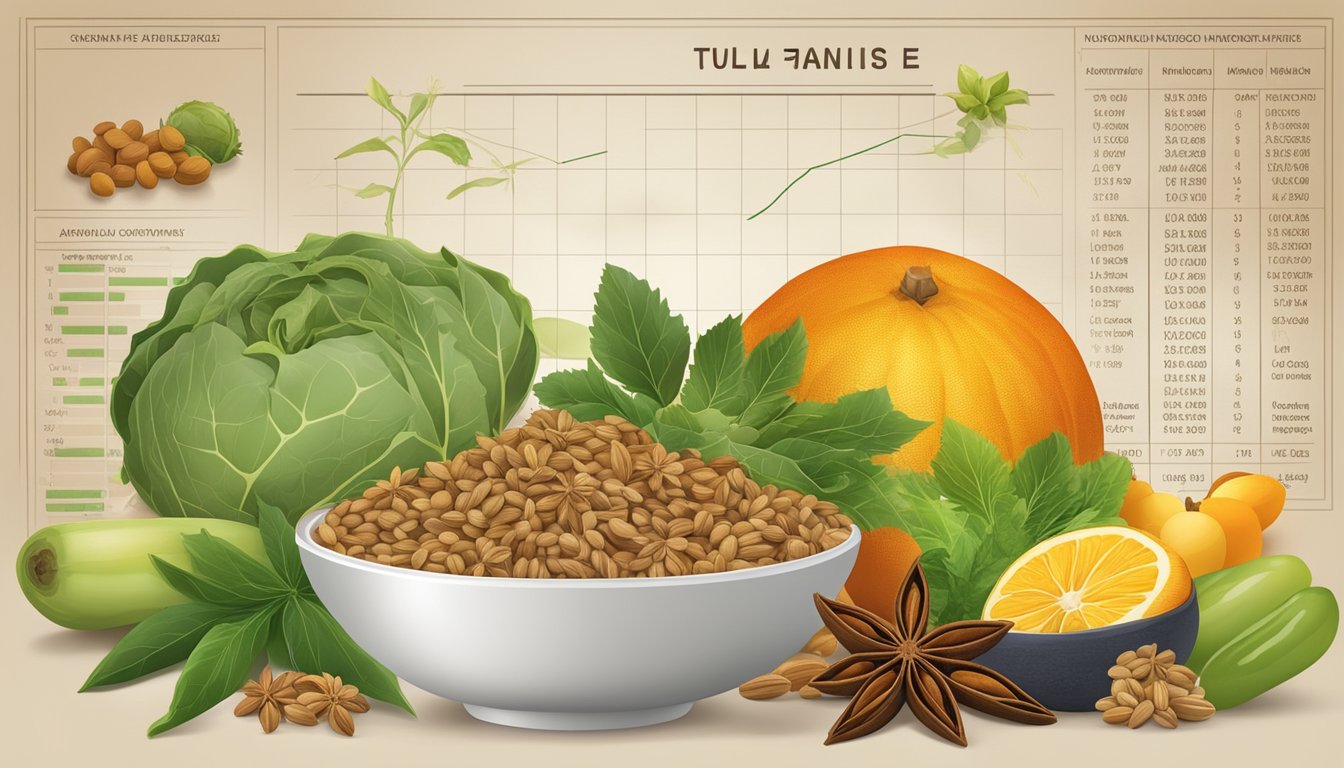 A close-up of star anise surrounded by various fruits, vegetables, and grains, with a nutritional chart in the background