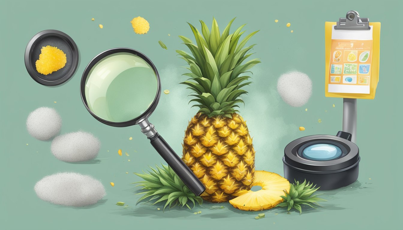 A moldy pineapple surrounded by a caution sign and a magnifying glass inspecting the mold