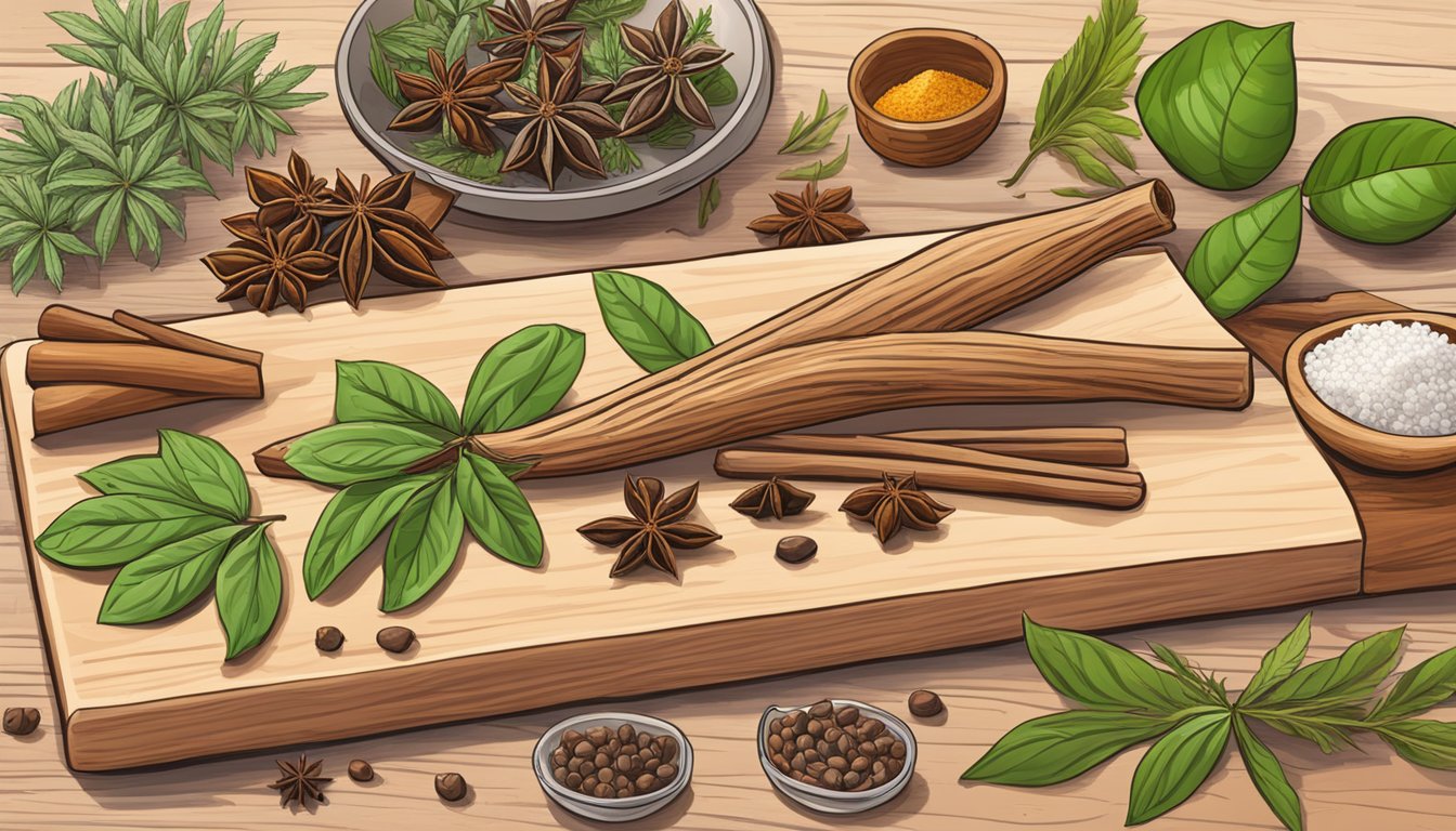 A star anise pod sits on a wooden cutting board, surrounded by various herbs and spices. A question mark hovers above it, indicating uncertainty about its safety