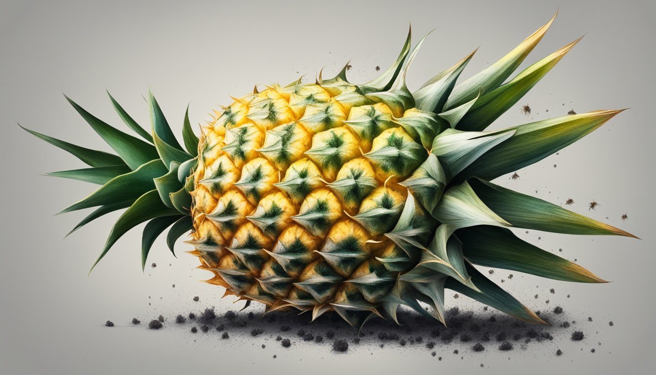 A pineapple with visible mold and discoloration, surrounded by flies and emitting a foul odor