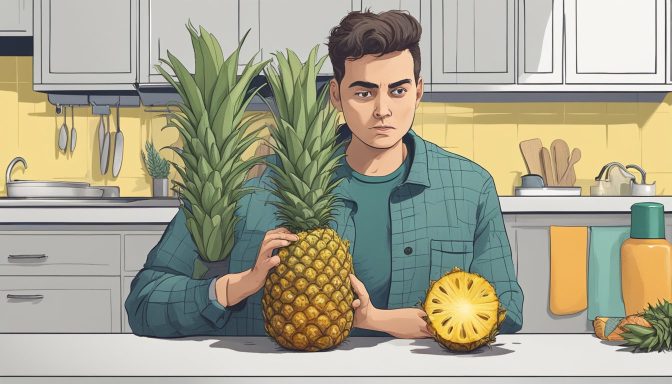 A moldy pineapple sits on a kitchen counter, with a question mark above it. A person looks hesitant, holding a knife and pondering whether to eat it