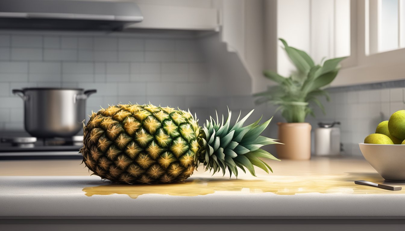 A moldy pineapple sits on a kitchen counter, with visible signs of decay and mold growth