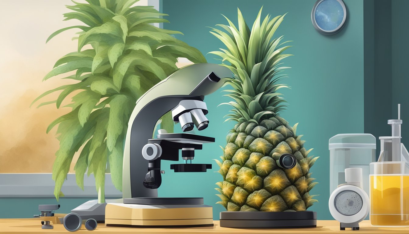 A close-up of a moldy pineapple with visible mold spores and a scientific microscope in the background