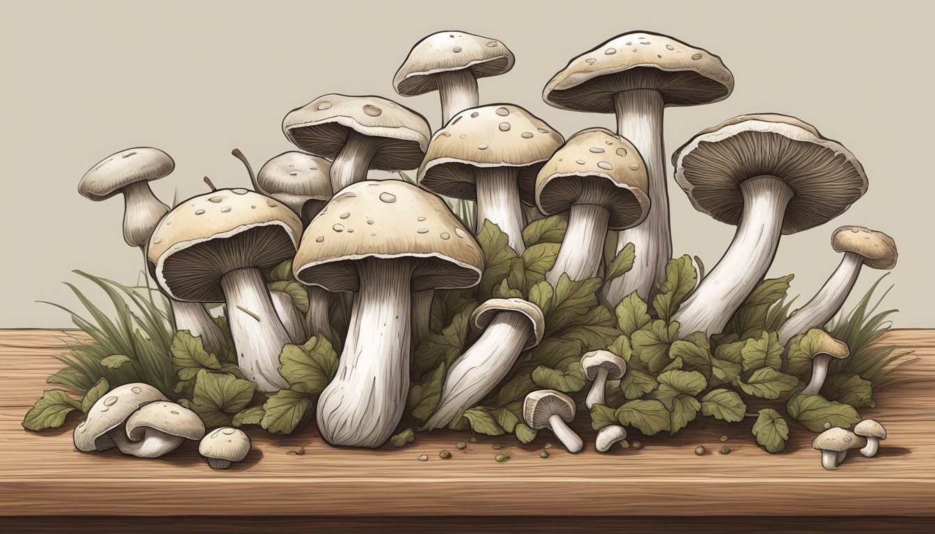 A cluster of moldy mushrooms sits on a wooden cutting board, with visible signs of spoilage and decay