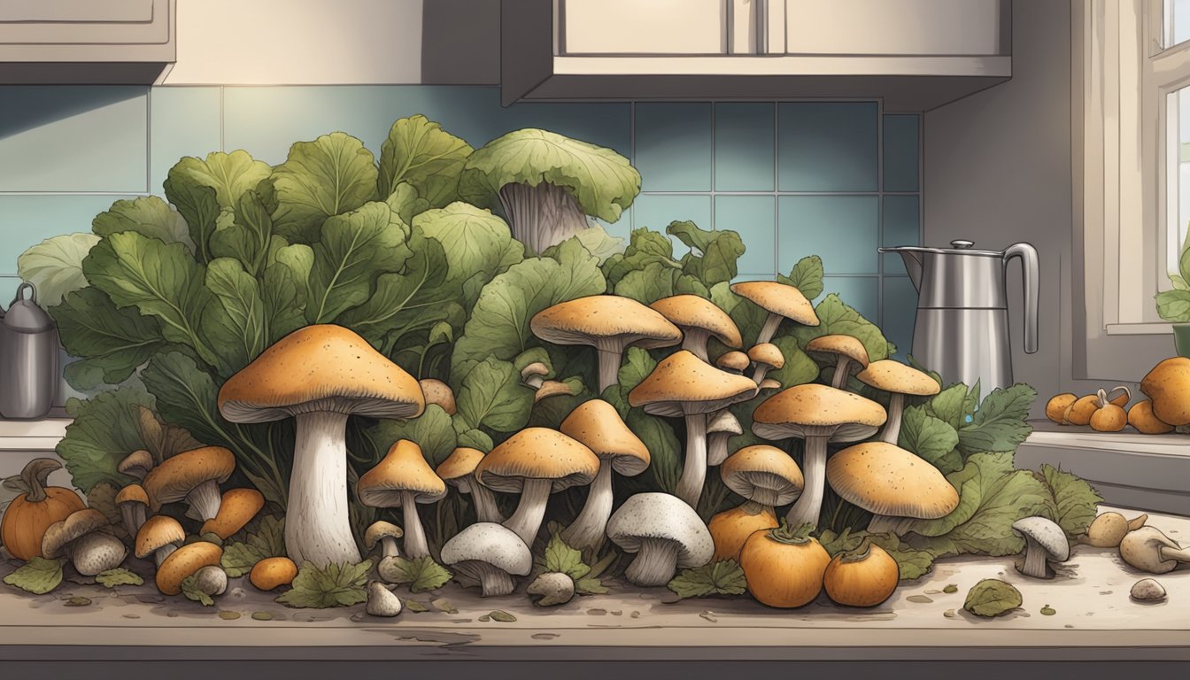 A pile of moldy mushrooms sits on a kitchen counter, surrounded by other fresh produce. The mold is visible on the surface of the mushrooms, creating a sense of decay and potential danger