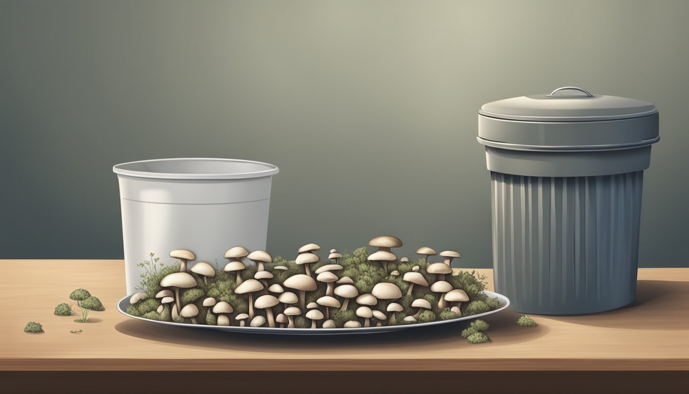 A plate of mushrooms with visible mold, sitting next to a trash can