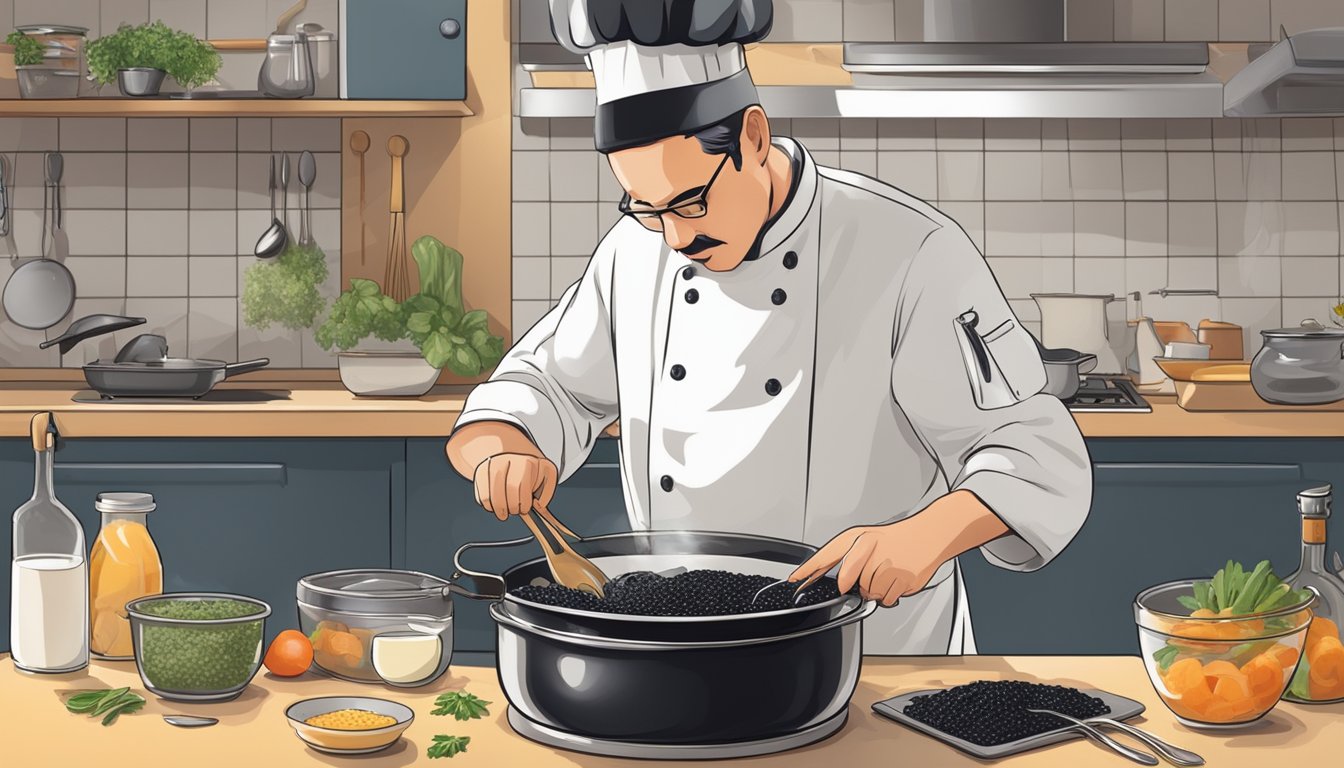 A chef mixing squid ink into a pot of risotto, with various ingredients and cooking utensils on the counter