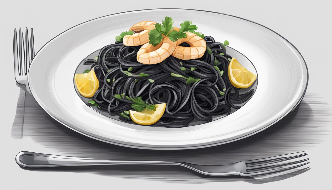 A bowl of cooked squid ink pasta with a fork next to it on a white plate