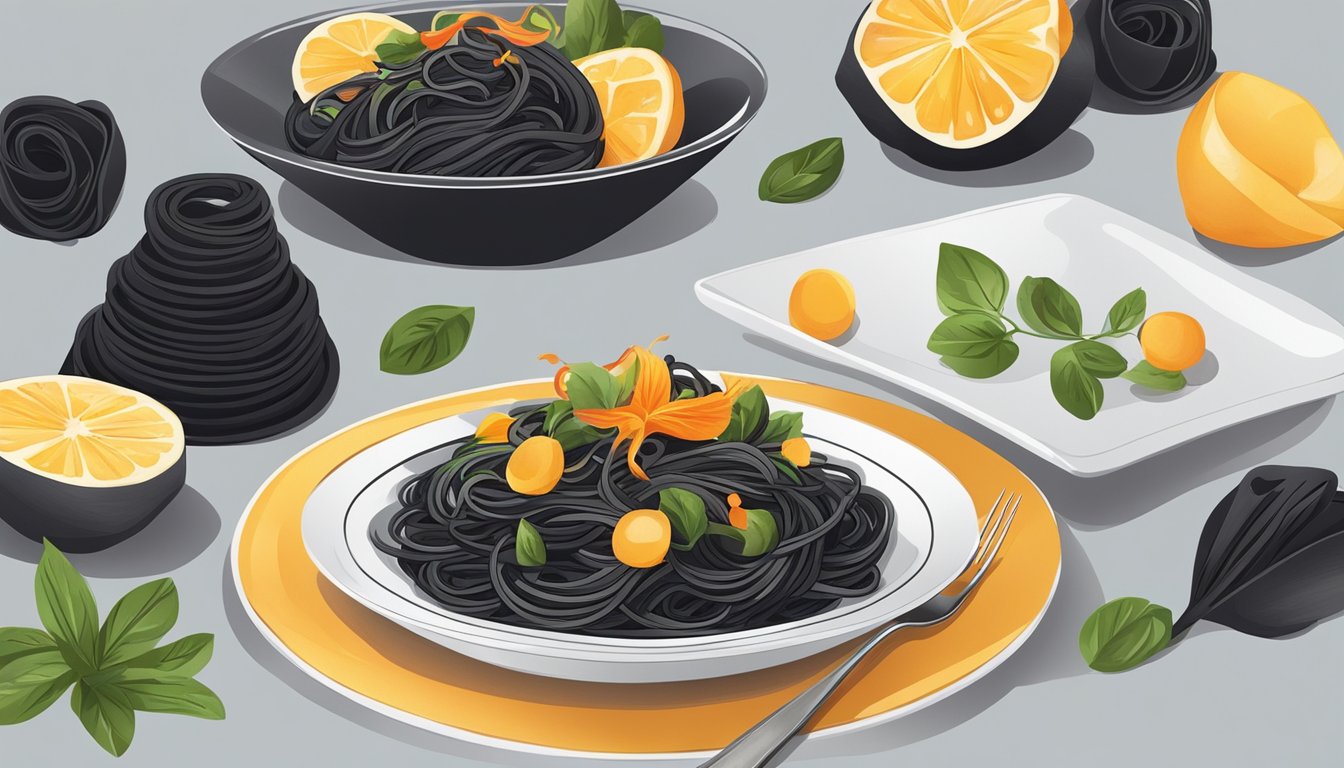 A close-up of a black squid ink pasta dish with vibrant garnishes on a sleek, modern plate