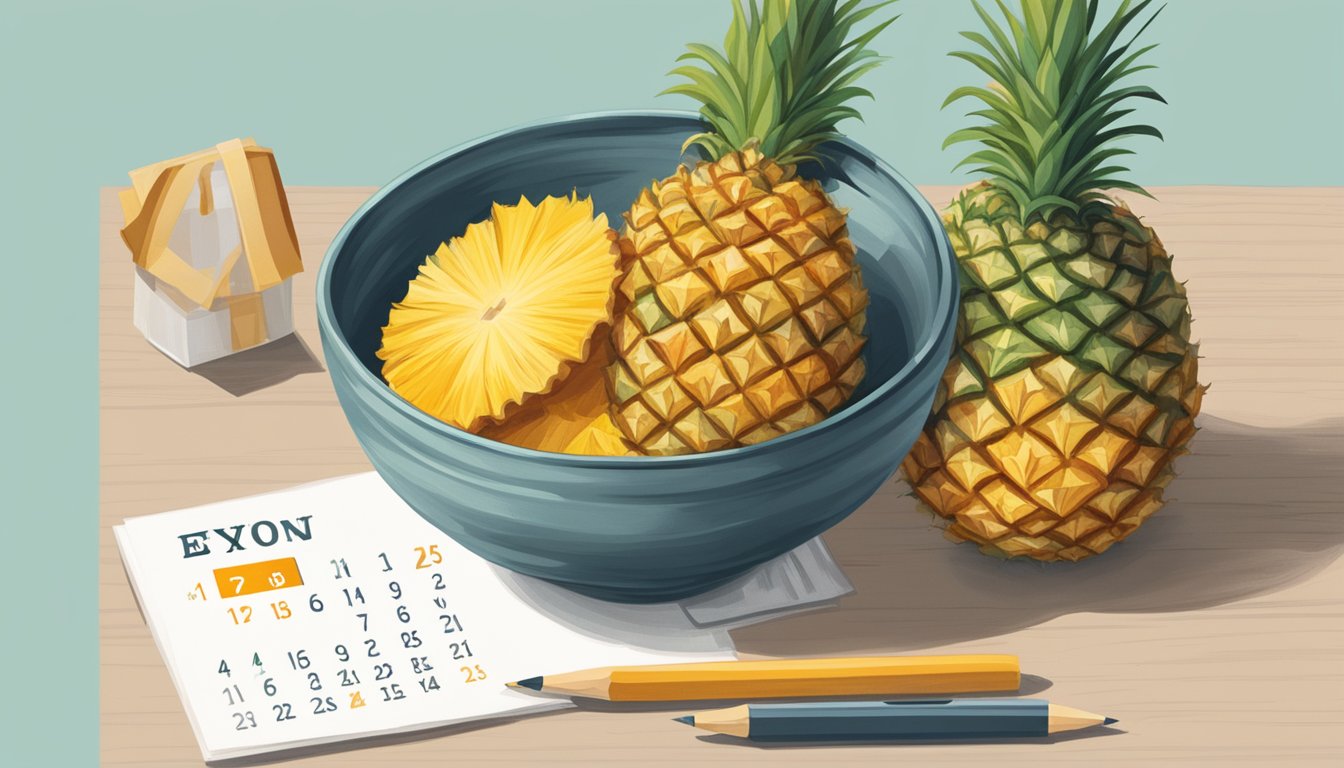 A bowl of dried pineapple sits next to a calendar showing an expired date