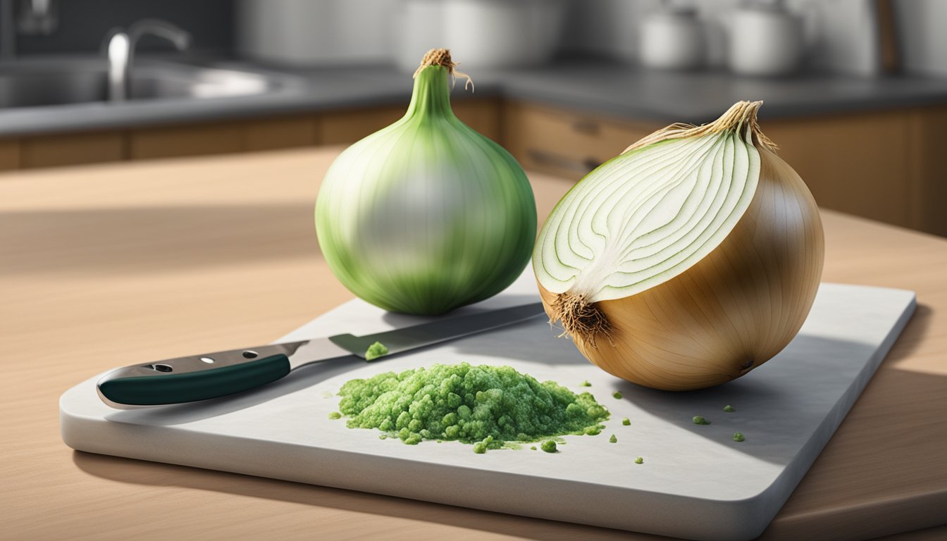 An onion covered in green and white mold sits on a kitchen counter next to a knife and cutting board