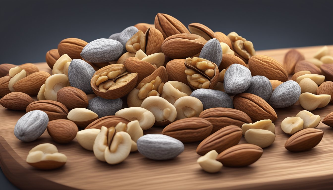 A pile of mixed nuts with visible mold growth on some of them, sitting on a wooden cutting board