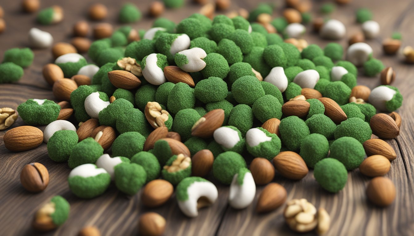 A pile of moldy nuts sits on a wooden surface, with visible green and white mold growth. A question mark hovers above, indicating uncertainty about safety