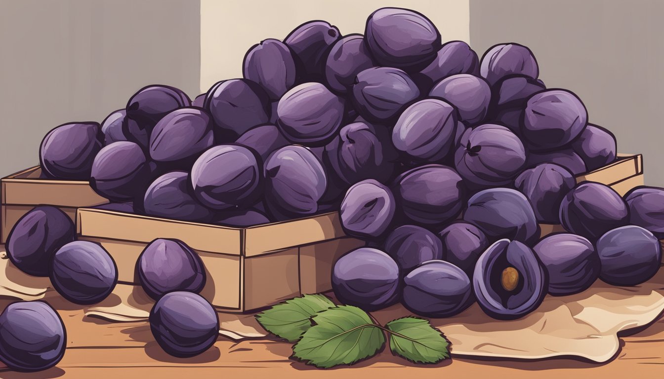 A pile of dried plums sits on a shelf, surrounded by various packaging and storage containers. Some plums are wrinkled and discolored, while others appear fresh and vibrant