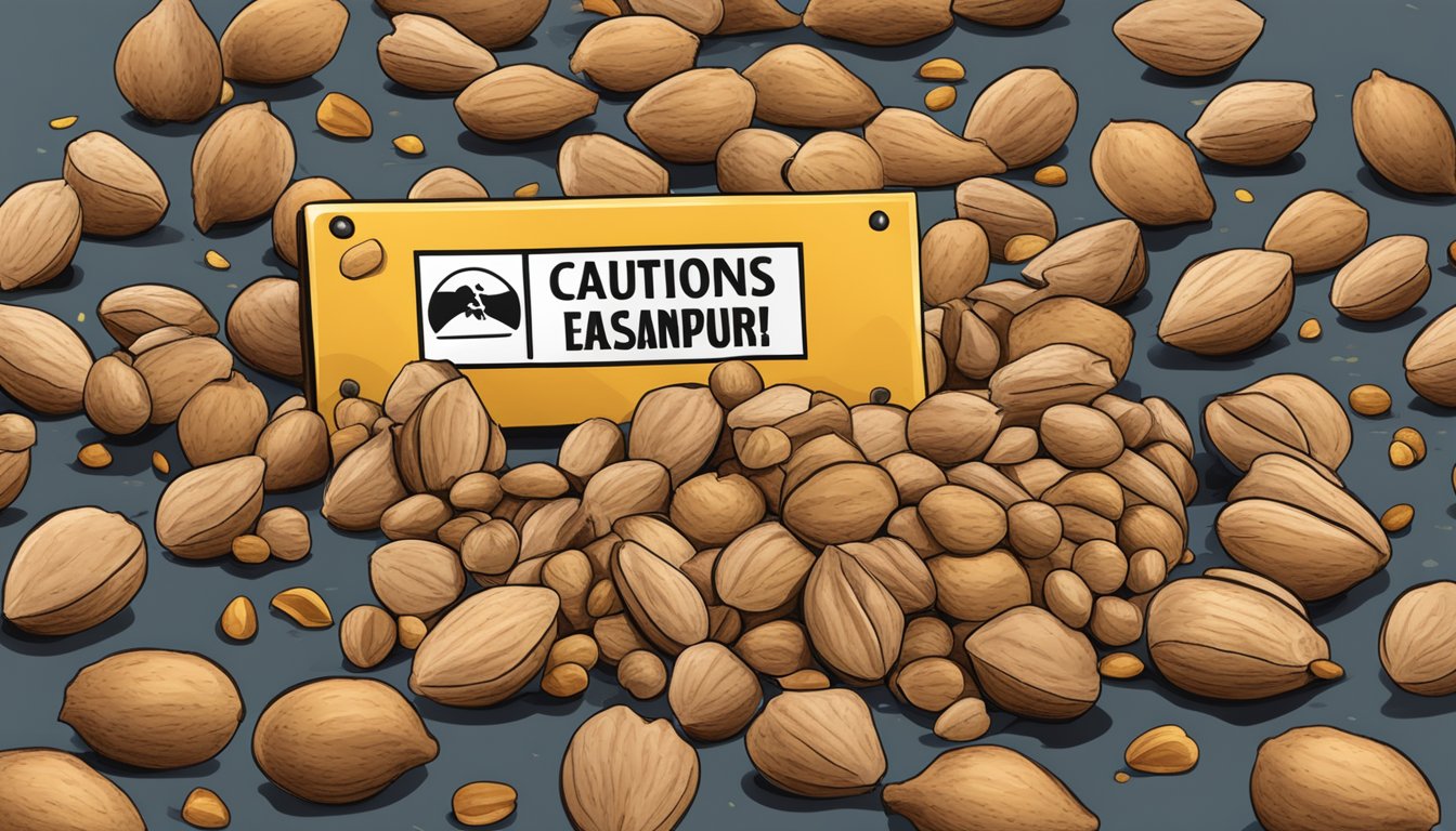 A pile of nuts covered in mold, with a caution sign nearby